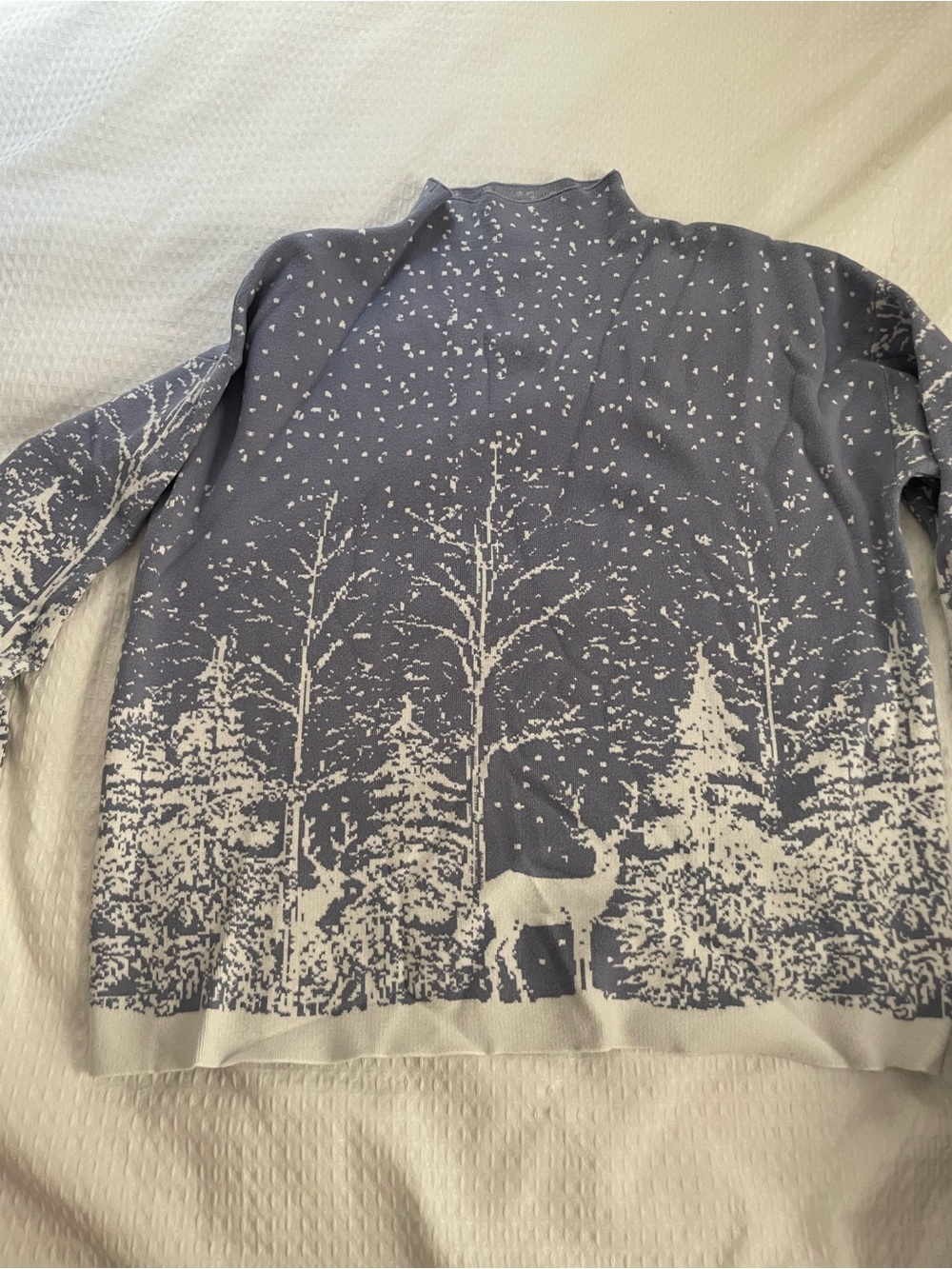Tahari Blue and White Turtleneck Forest & Deer Knit Sweater